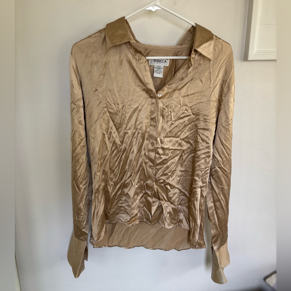 Vintage 100% Silk Tribeca Button-Down Shirt in Taupe